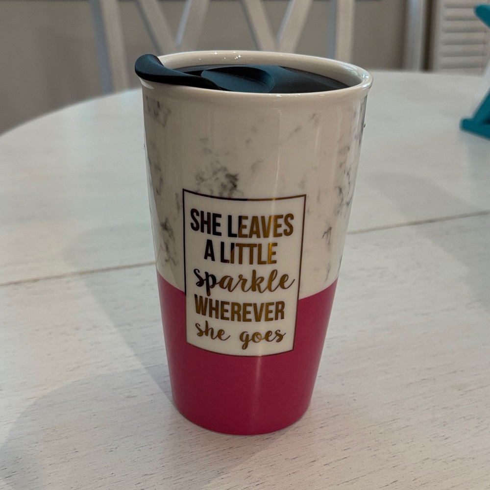 Pink and White Ceramic Travel Cup